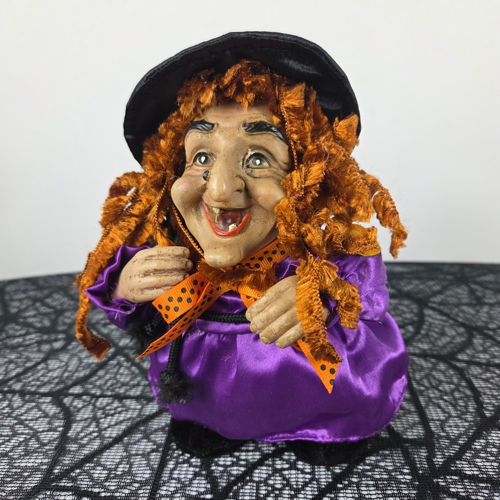 Studio Eluceo Halloween Witch Figurine Purple Satin Dress Orange Hair Decor